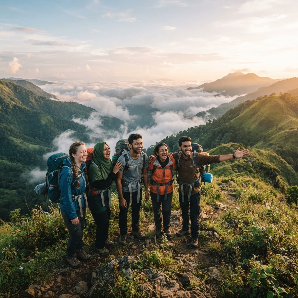 Travelers overlooking a valley of clouds
