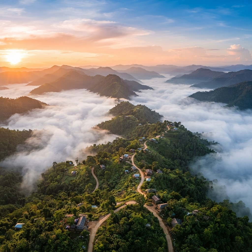 Sea of clouds over the rolling green hills of Sajek Valley at sunrise